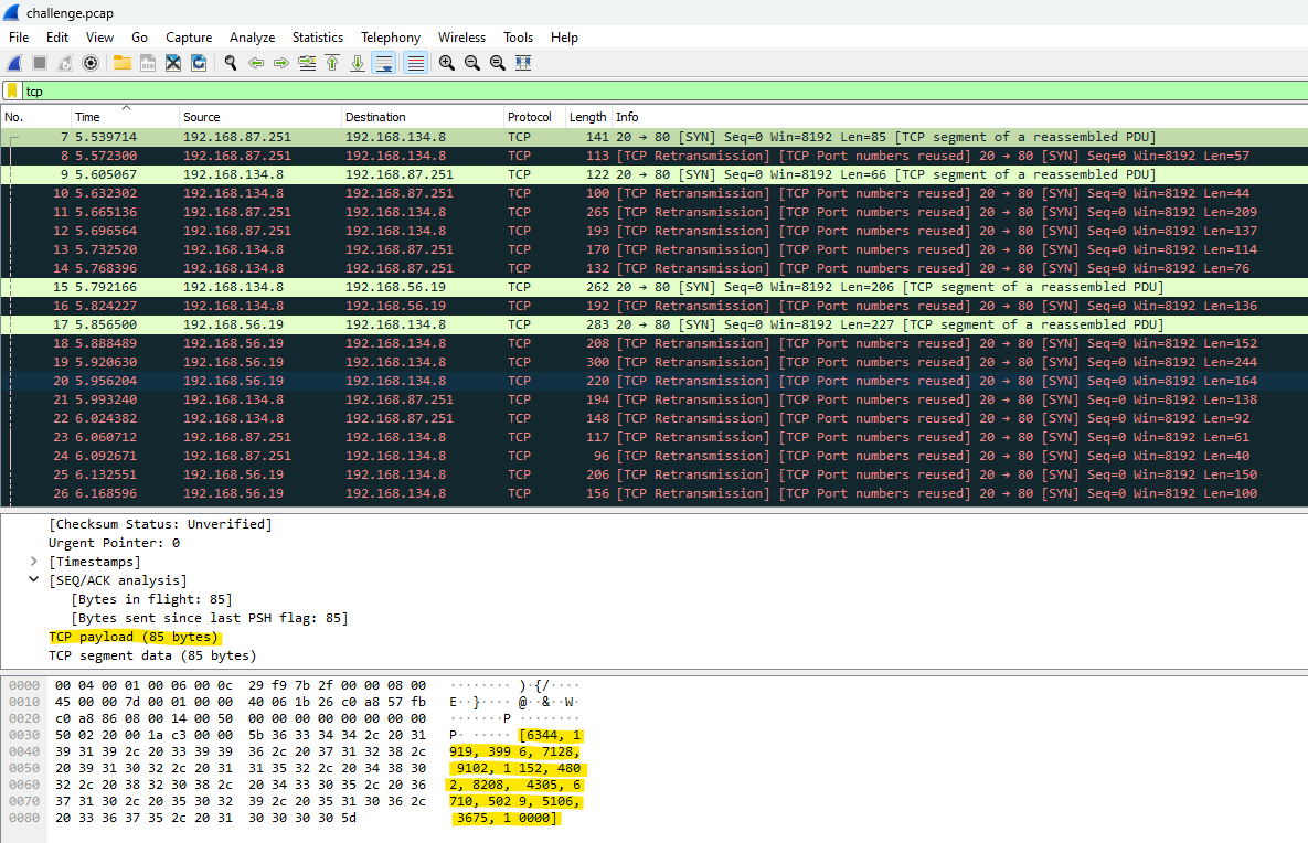 pcap file showing list of integers in TCP payload field